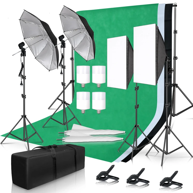 Photography Lighting Kit 2x3M Photo Background Backdrops Soft Umbrella Softbox Light Stand  Portable Bag For Photo Studio Shoot