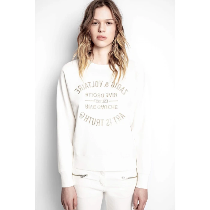 2021 Spring Autumn New Classic White Letter Silver Embroidery Design Casual Versatile Cotton Round Neck Long Sleeve Sweater Z1