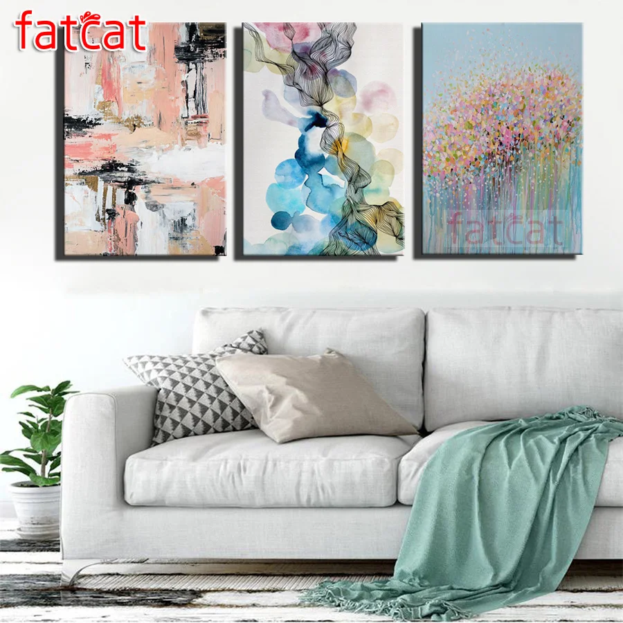 

FATCAT абстрактная цветная Алмазная картина с пейзажем, полностью квадратная круглая дрель 5d, Стразы diy, вышивка, Триптих, декор AE1878
