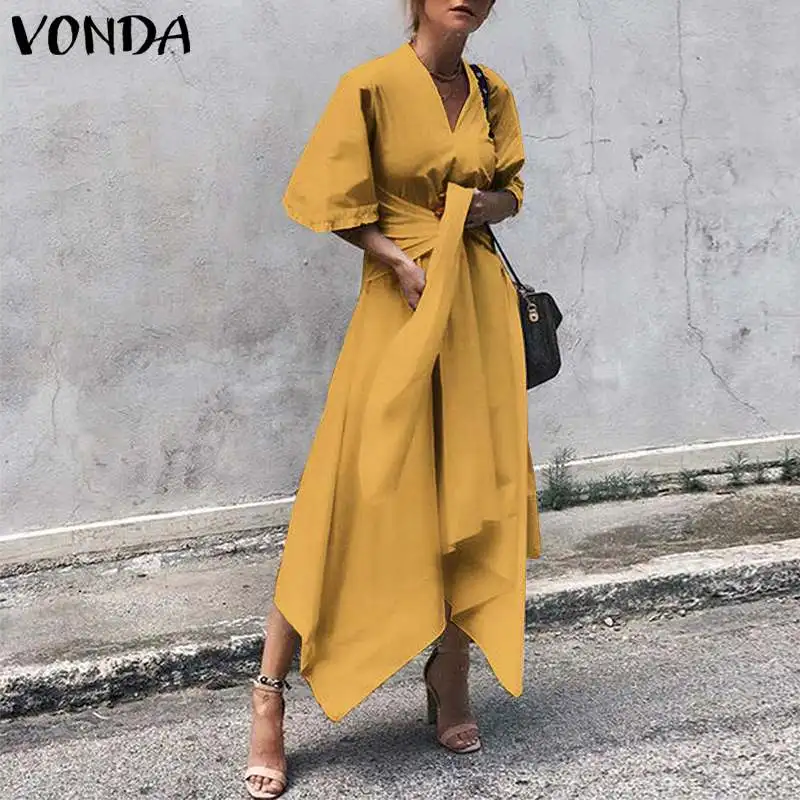 Летнее Длинное Платье VONDA 6 цветов женское винтажное платье с V-образным вырезом и