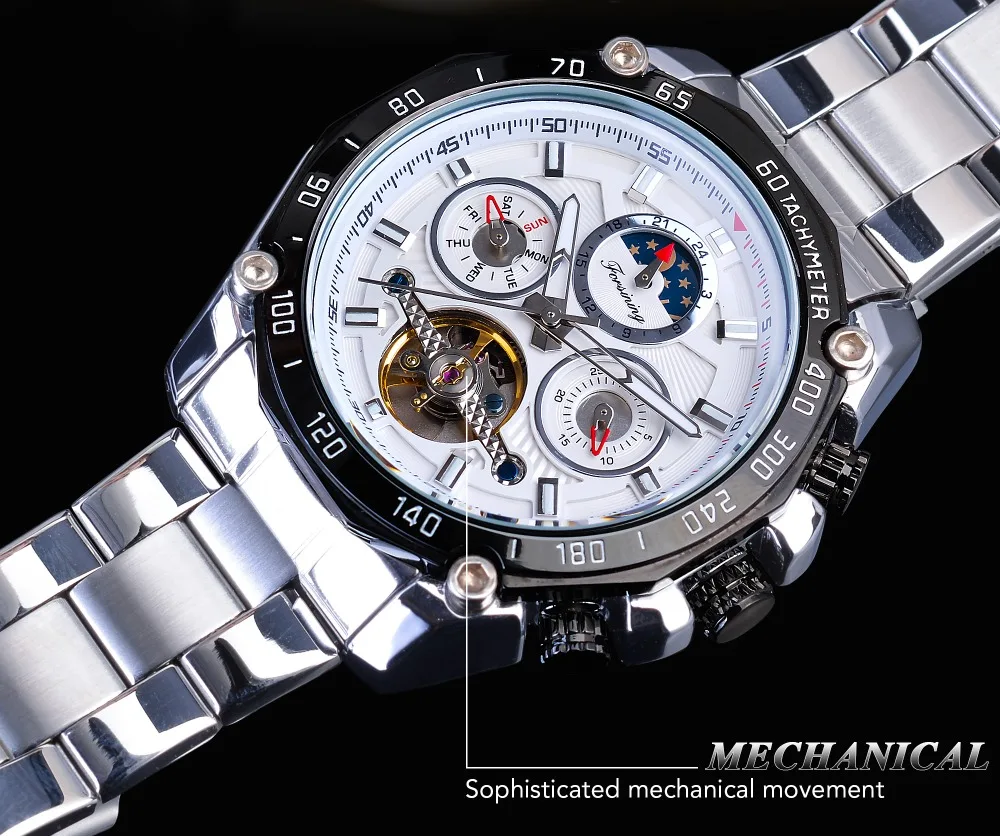 Forsining белый для мужчин Tourbillon механические часы Автоматическая Дата Moonphase сталь Спорт на открытом воздухе бизнес для мужчин Reloj Hombre подарок