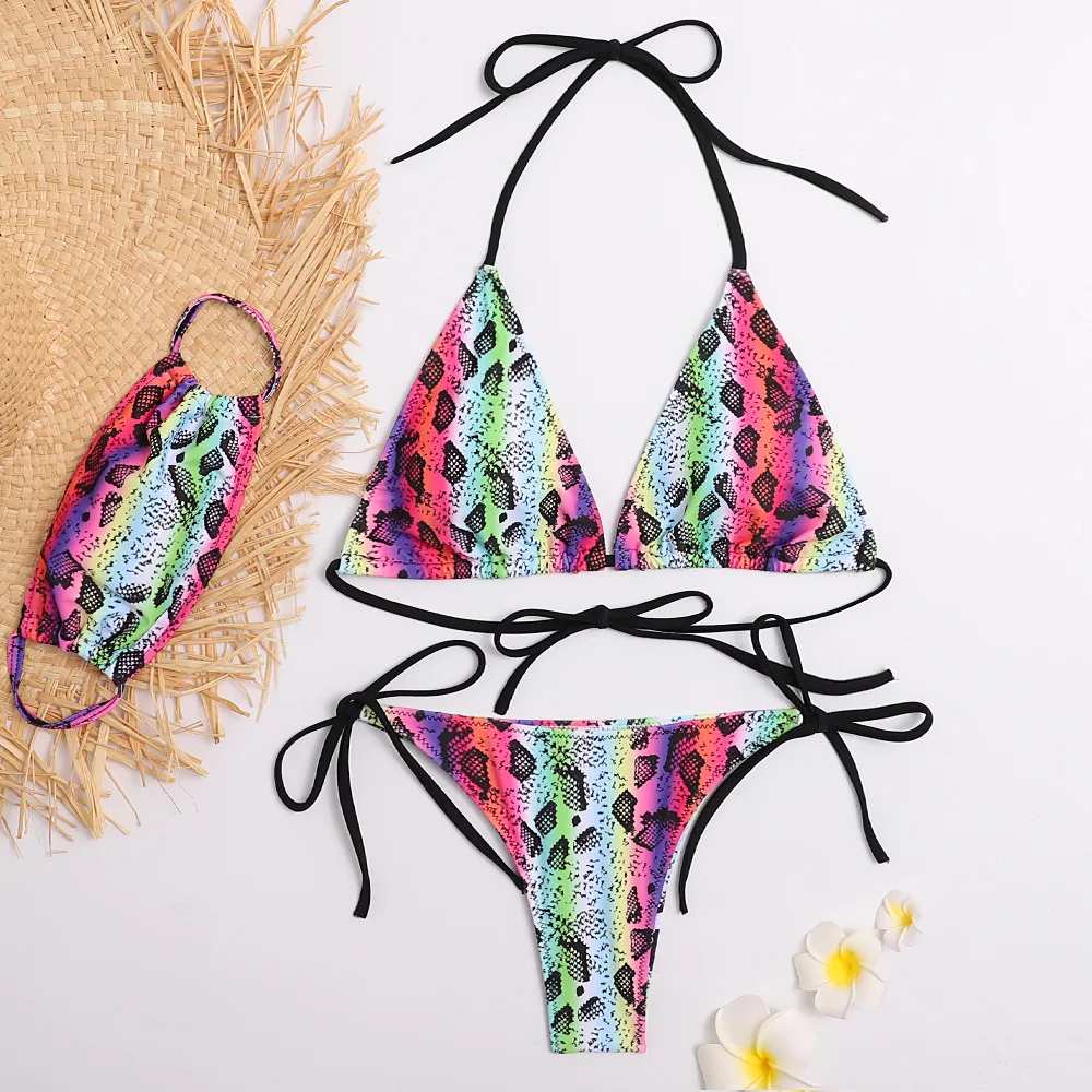 

OKKDEY Sexy Bikini Set Fashion Zebra Snake Pattern Bikini Swimsuit Women Swimwear + 2021 Print Face Mask 3 Piece Beachwear Suit