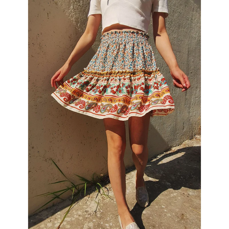 

Summer Hot Fashion Ladies Beach Dress Elegant Casual High Waist Floral Lotus Leaf Pleated Bohemian Holiday Short Skirt New Skirt