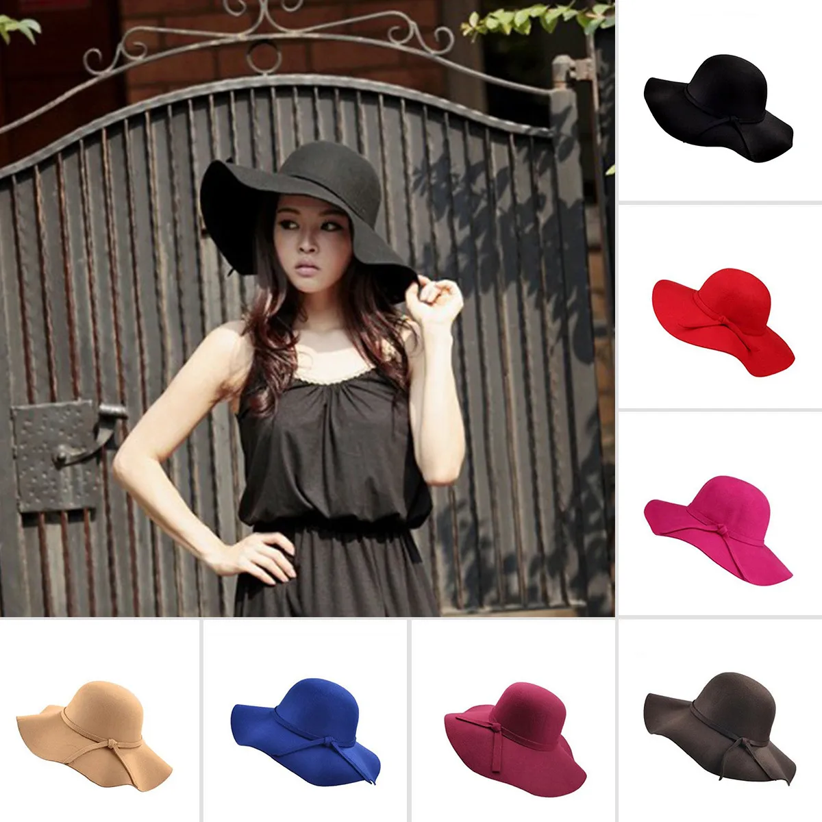 Vintage Women Wide Brim Floppy Warm Wool Felt Bowler Fedora Hat Floppy Beach