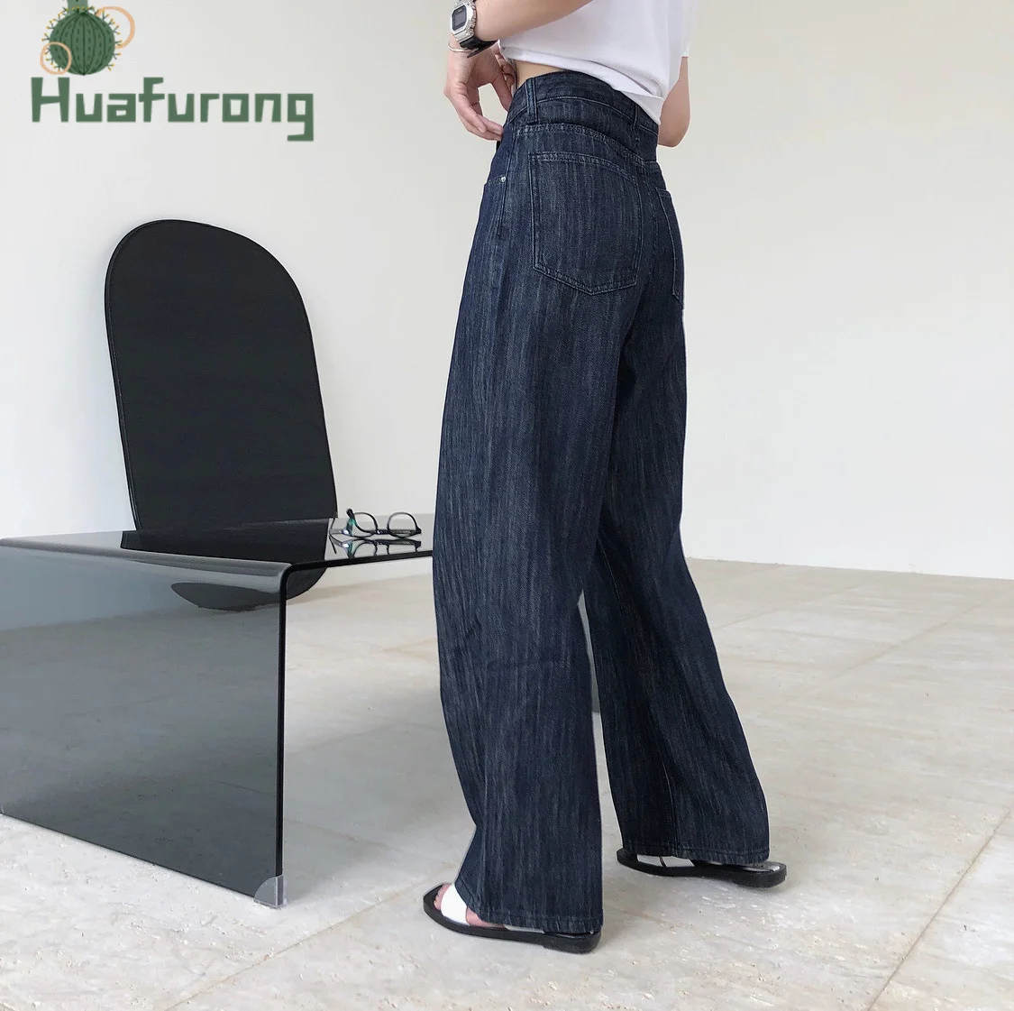 

Retro Boyfriend Cool Imitation Linen Jeans High-waisted Straight Wide-leg Jeans Thin Loose Trousers Women