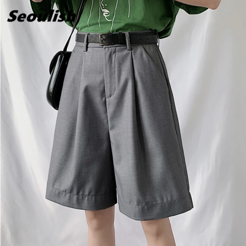 

Seoulish 2021 New Summer Casual Cargo Women Half Pants with Belted High Waist Chic Wide Leg Pants Elegant Loose Trousers Pocket