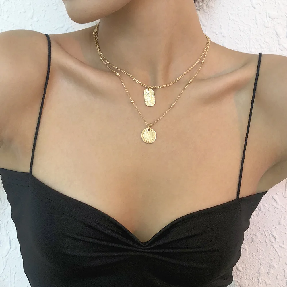 

Simple Fashion Round Plate Pendant Necklace Alloy Retro Temperament Double-Layer Clavicle Chain Necklaces for Women Choker