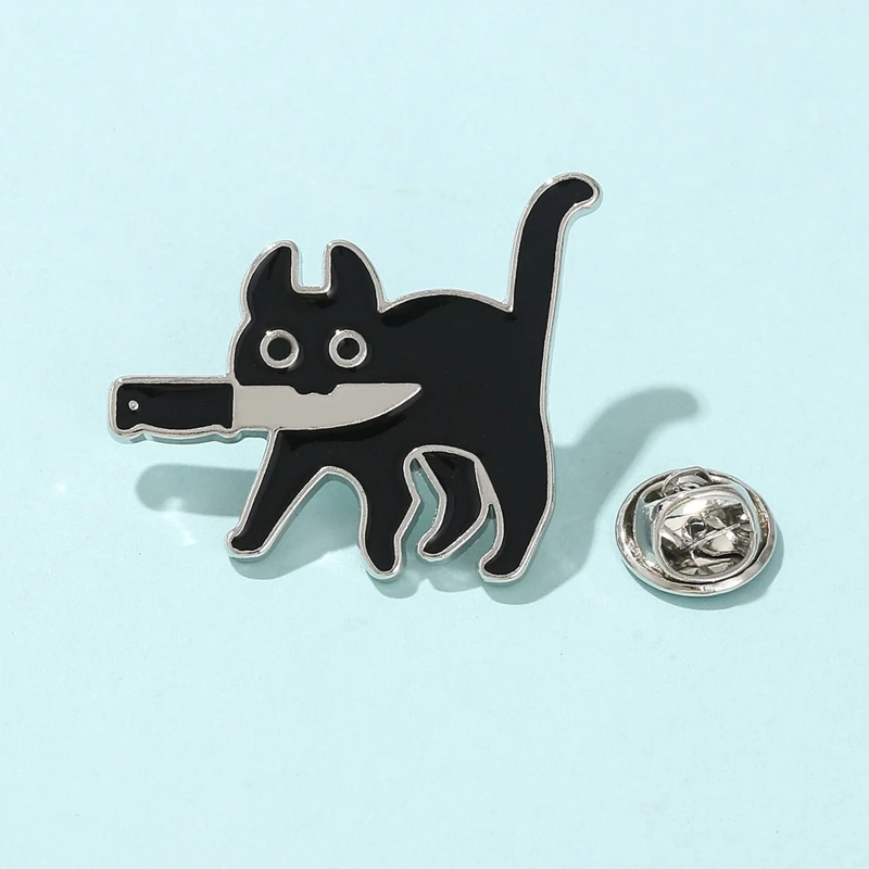 Черная брошь в виде кошки забавное животное кошка с ножом значок для рубашки