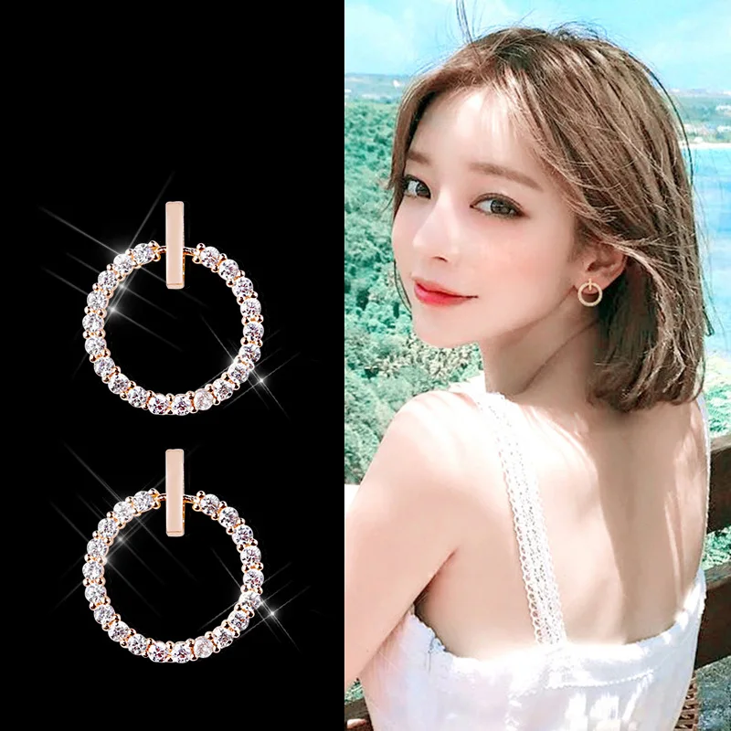

Free Shipping Fashion 925 Sterling Silver Crystal Rhinestone Geometric Round Stud Earrings For Women Beautiful Jewelry