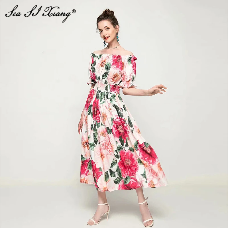 

Женское платье с вырезом-лодочкой Seasixiang, летнее платье с пышными рукавами и цветочным принтом камелии, короткое платье в богемном стиле на о...