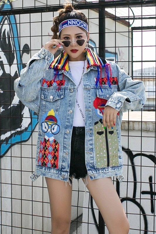 

Thailand Tide Brand Heavy Industry Cartoon Sequined Personality Hip-hop Hole Denim Jacket Female Loose Stitching Top