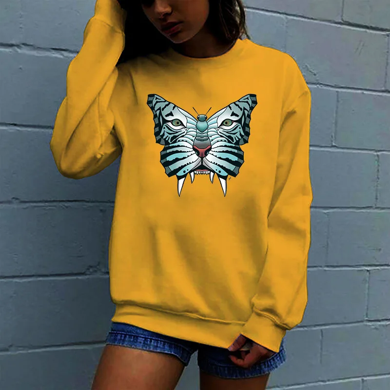 

Women Hoodie Butterfly Leopard Face Printed Hoodies Women Fleece Long Sleeve O Neck Loose Sweatshirt Girls Pullovers Winter