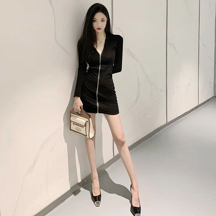 

Sexy Hot Girl Chest-Flattering Zipper Hooded Long Sleeve Short Dress Slim-Fit Dress for