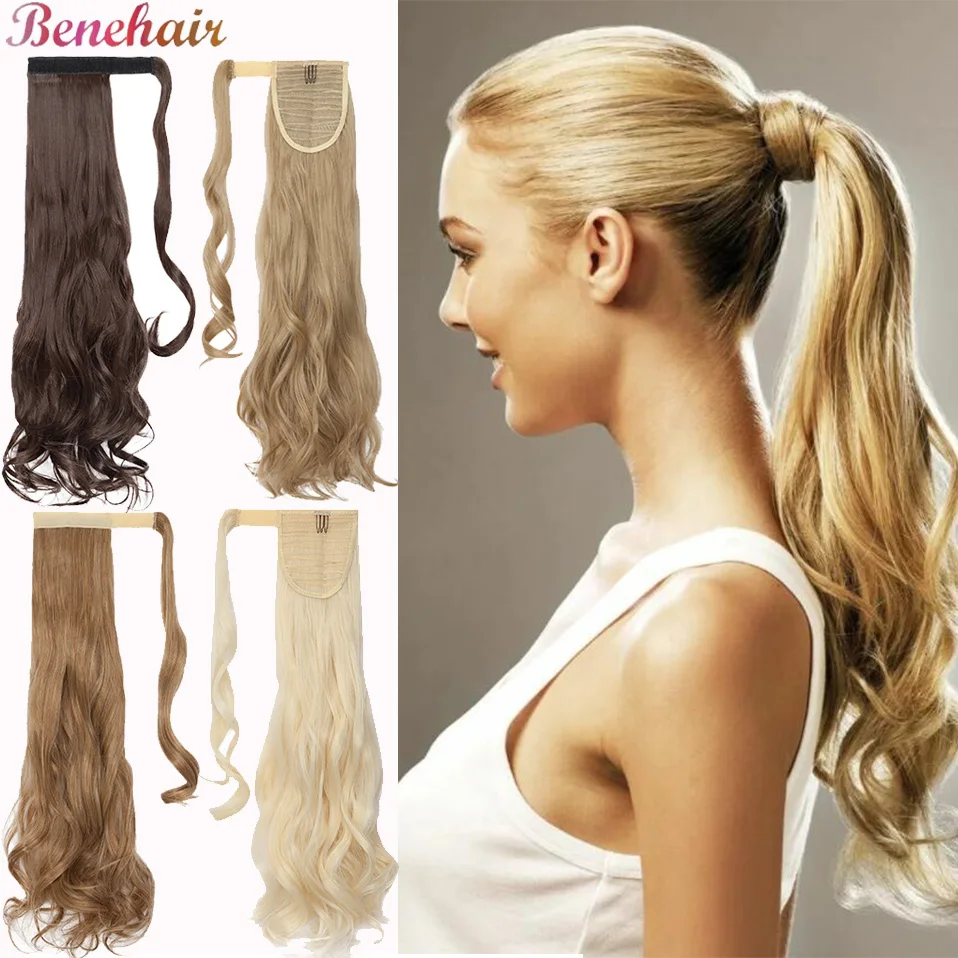 

Benehair 20'' Ombre Black Blonde Wrap Around Ponytail Clip in Hair Extensions Synthetic Long Wavy Hairpieces Fake Hair 613 Daily