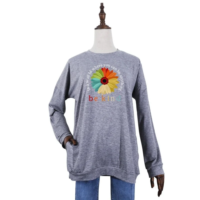 

Spring Women Pullover Pocket Long Sleeve Flower Letter Print Female Fashion Casual Graphic Sweatshirt Ladies Daily Hoodless Tops