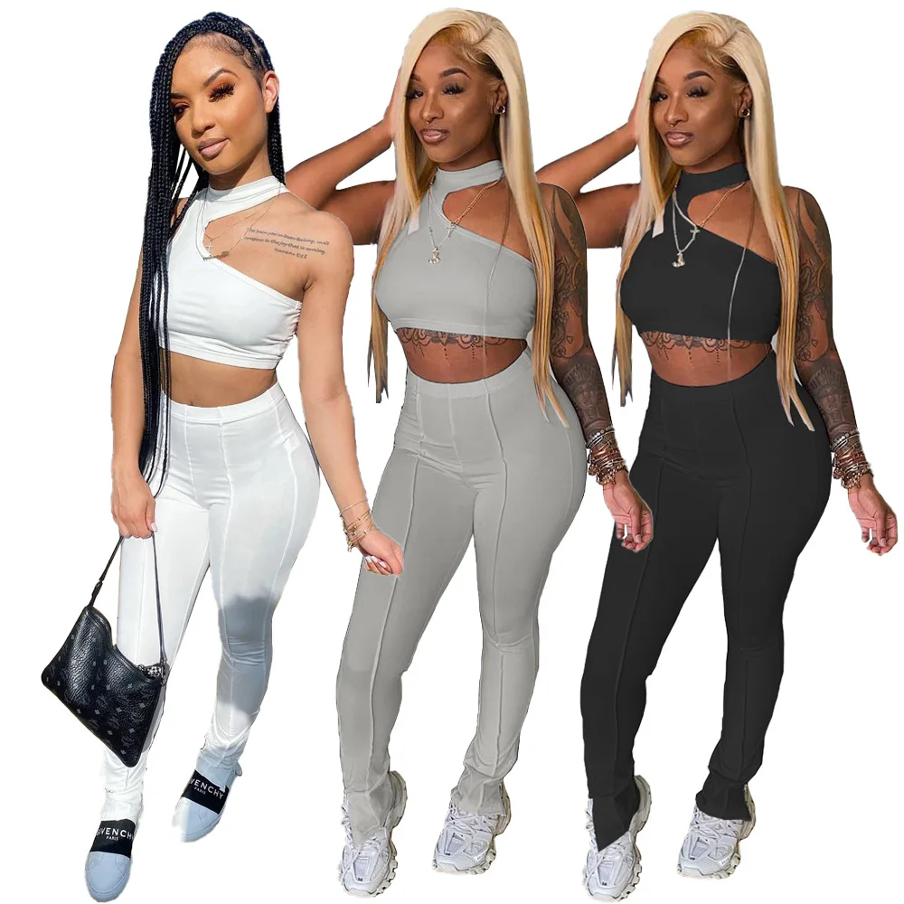 

Summer Women Clothing Sexy Irregular Sleeveless Vest Crop Tops Outfits Zipper Opening Trousers Two Piece Pants Sets