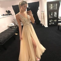 v neck champagne evening dress bead a line tulle gown long slit prom special occasion dress train robe de soire