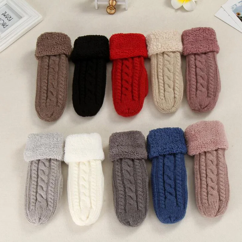 

Women Fashion Knit Twist Flowers Mittens Winter Female Wool Plus Cashmere Velvet Thickening Warm Full Finger Gloves Guantes L46