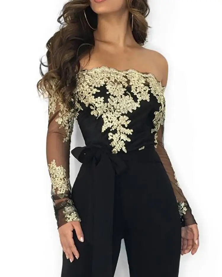 Women Floral Embroidery Jumpsuits Elegant Office Lady Off Shoulder Lace Wide Leg Jumpsuit | Женская одежда