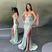sexy satin v neck evening dress mermaid side split button off shoulder sleeveless prom gowns floor length party dresses hot sale