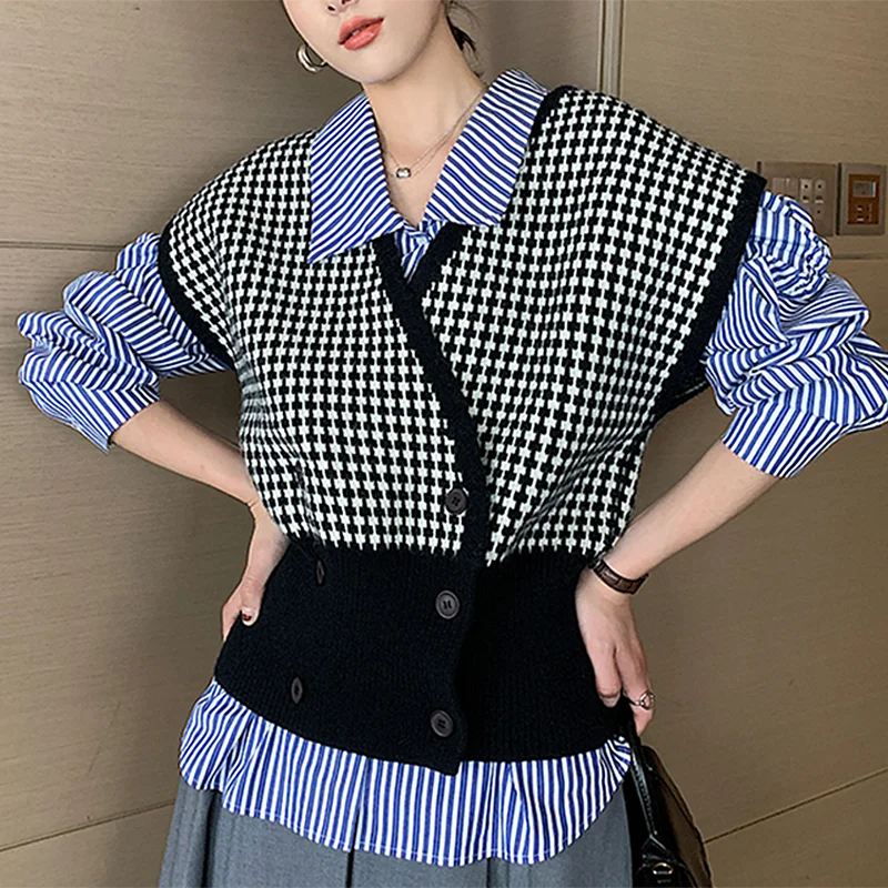 Streetwear Houndstooth Sweater Vest Women 2022 Autumn Winter V Neck Knited Vest Double breasted Sleeveless Jacket Gilet Femme