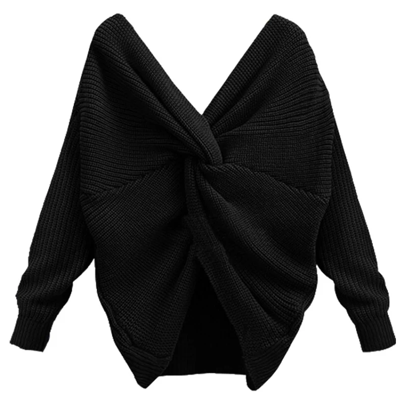Women Sweaters Knitted Tie Color Open Full Elegant V-Neck Back Pullovers Sleeve Sweater Solid Knitwear | Женская одежда