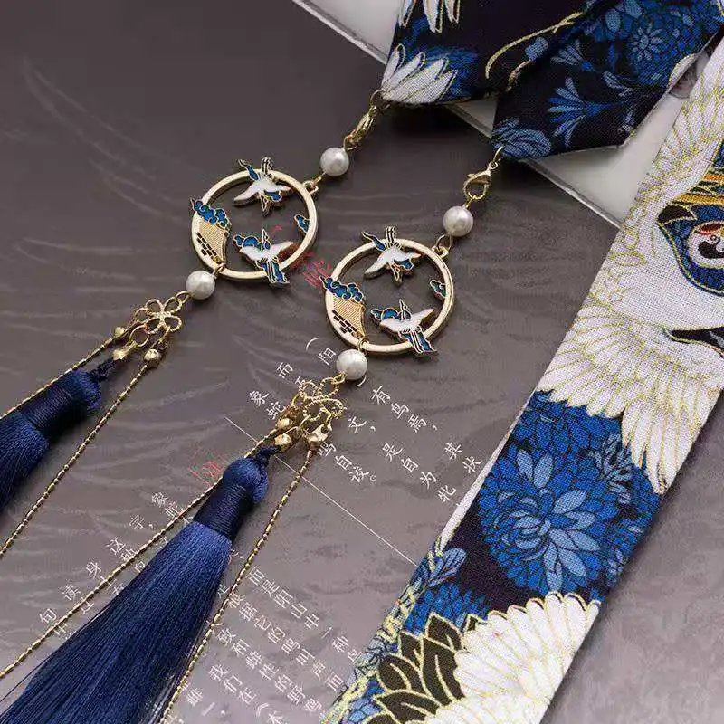 To Put on The Forehead Hanfu Tassel Hair Ribbon Hot Stamping Brocade Carp Removable Fringed The Crane Tire Hair Accessories images - 6