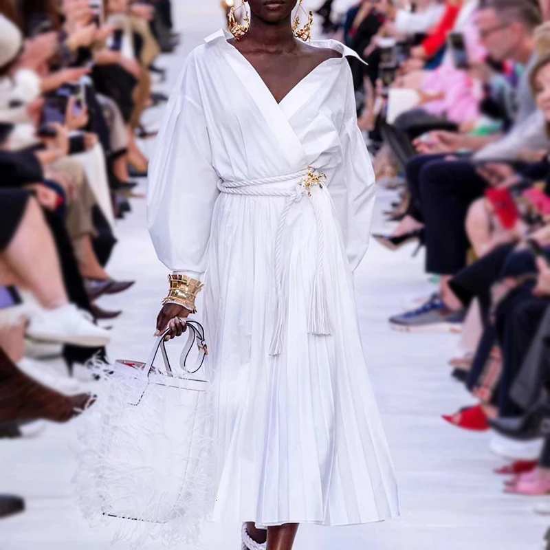 Винтажное платье рубашка белое с рукавами фонариками и высокой талией женское