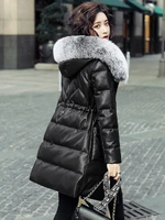 russian winter genuine leather down jackets women real fox fur collar white duck down filling mid long fashion female parkas