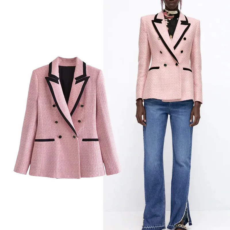 

Новинка 2021, женская модная куртка TRAF Za, Осенние блейзеры с длинным рукавом в форме вены, пальто, женские винтажные повседневные топы