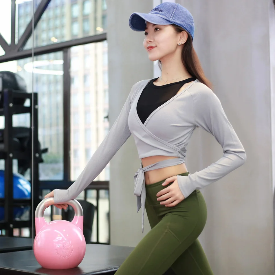 Женский короткий топ с длинным рукавом для занятий йогой танцев лавандовые