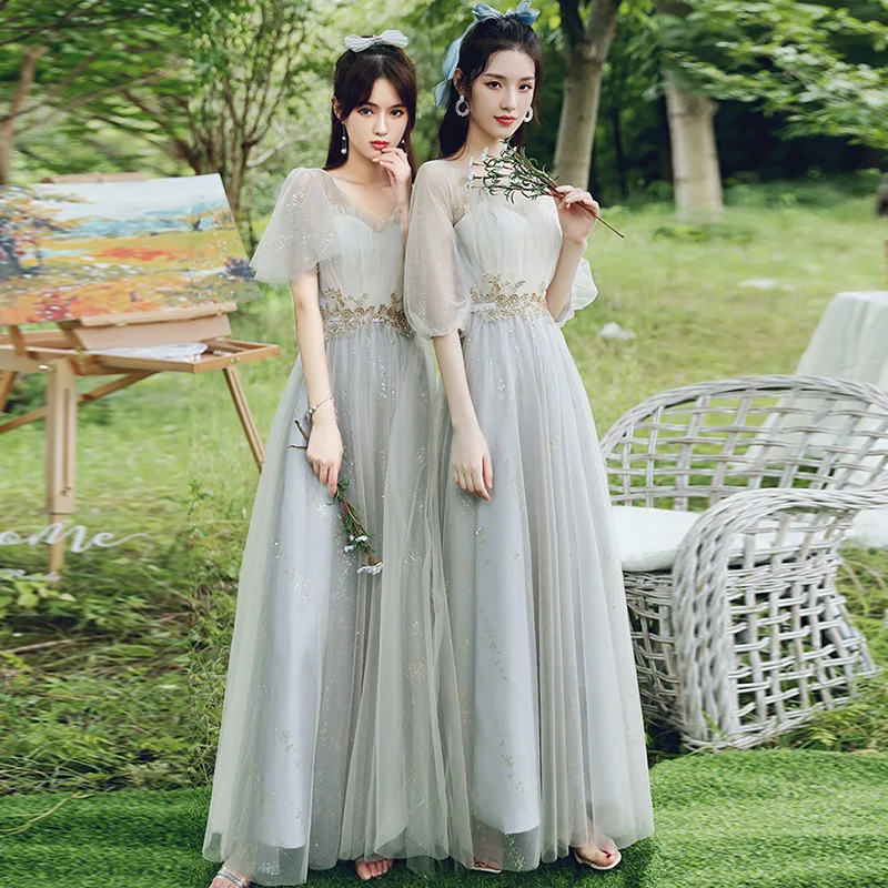 

The new 2021 silver bridesmaid dresses temperament chun xia long sisters female skirt to show thin wedding dress