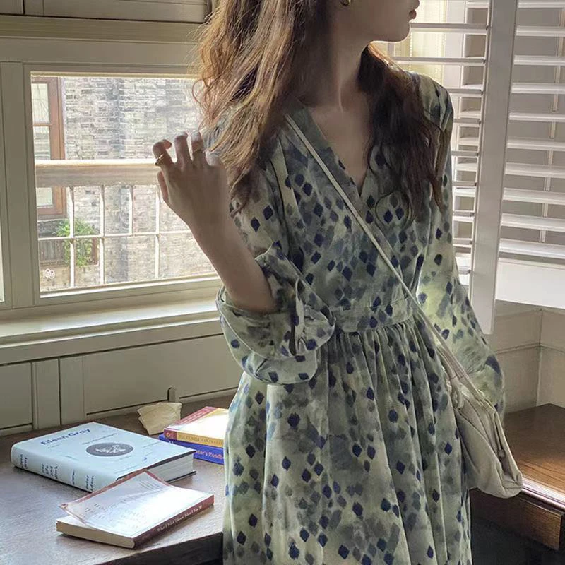 

Женское винтажное платье-туника, элегантное Зеленое Длинное Платье с V-образным вырезом, украшенное стразами, весна-лето 2022