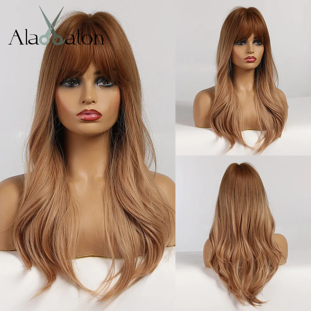 

ALAN EATON Ombre Brown Golden Red Long Wavy Synthetic Hair Wigs with Bangs Natural Cosplay Wigs For Black Women African American