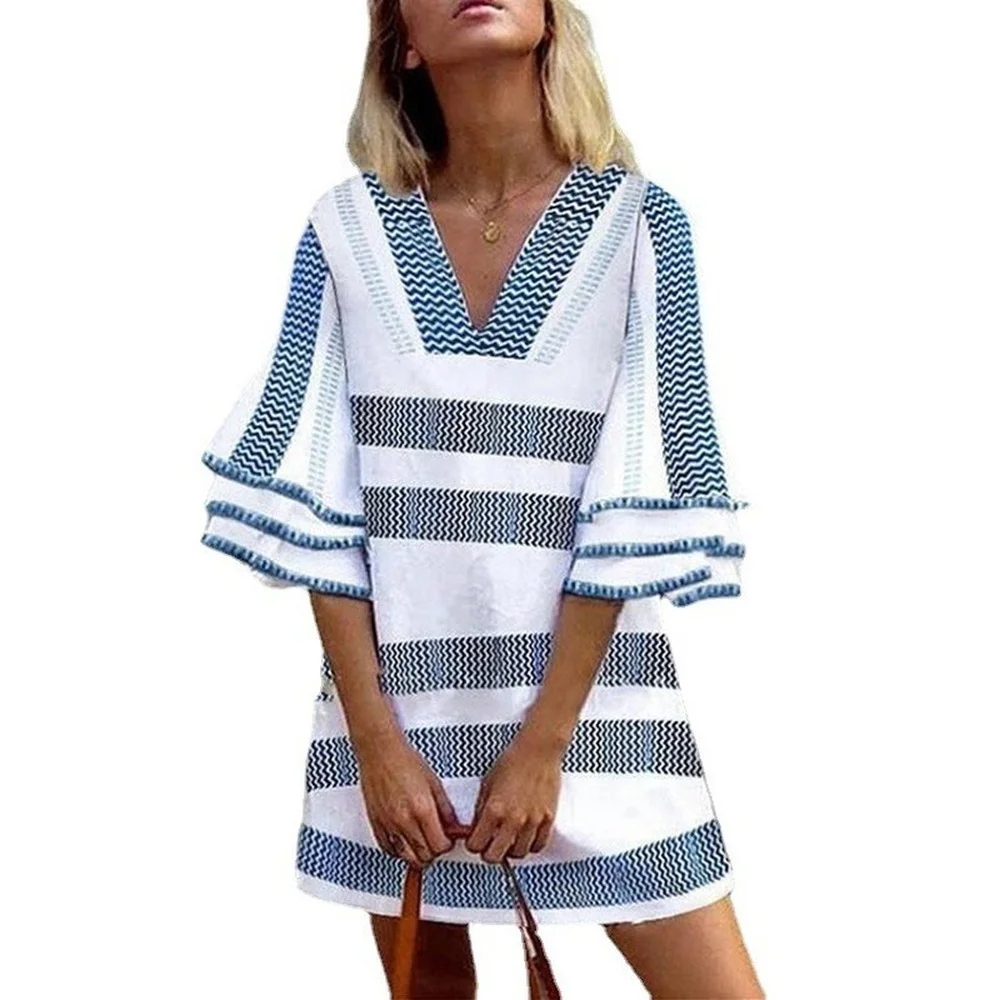 

2021 Summer Women's Clothing Fashion Wave Pattern Printing V-neck Dress