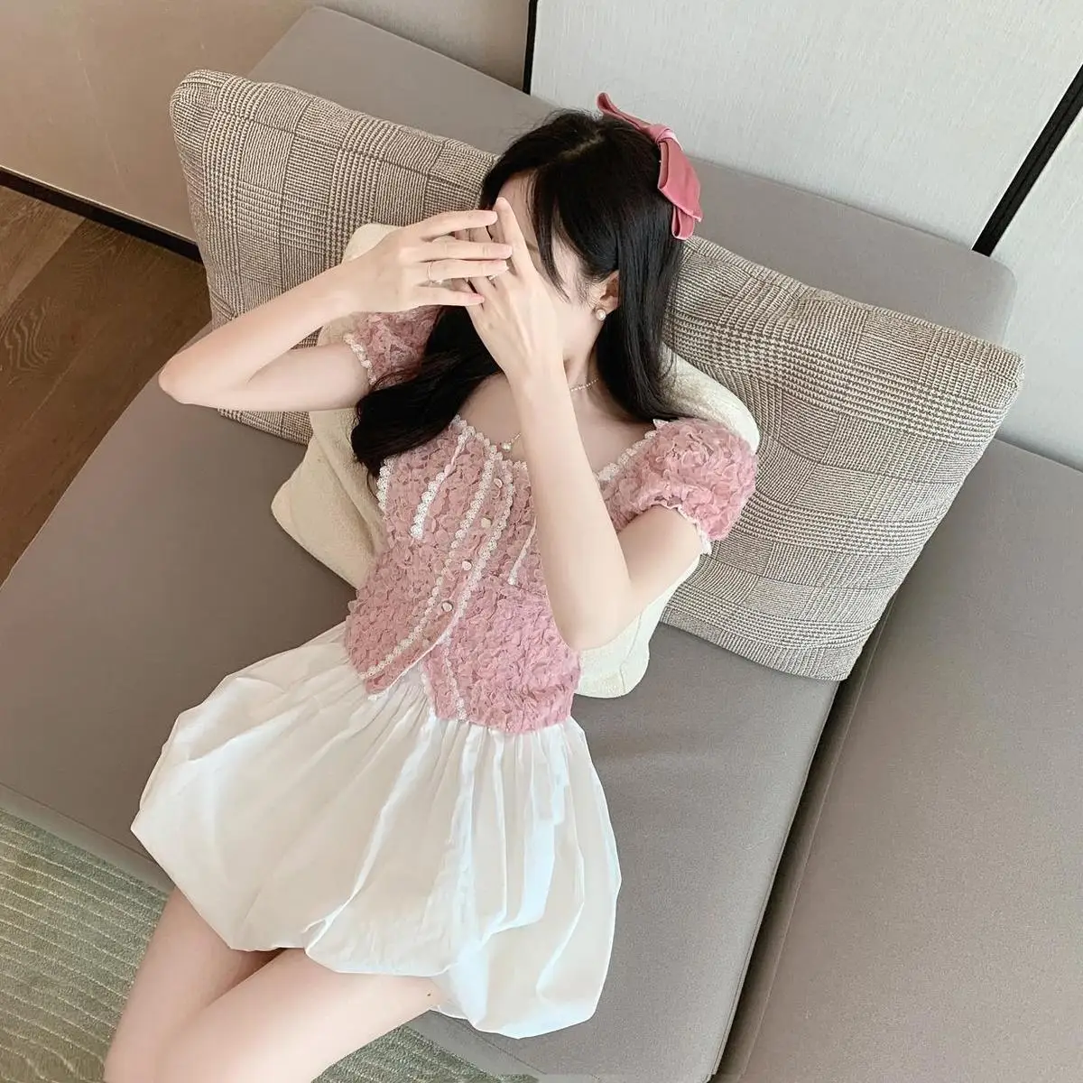 

Shirts Women Design Vintage Spliced Square Collar Tops Short Sleeve Sweet Summer New Arrive Cozy Slim All Match Cropped Chic Ins