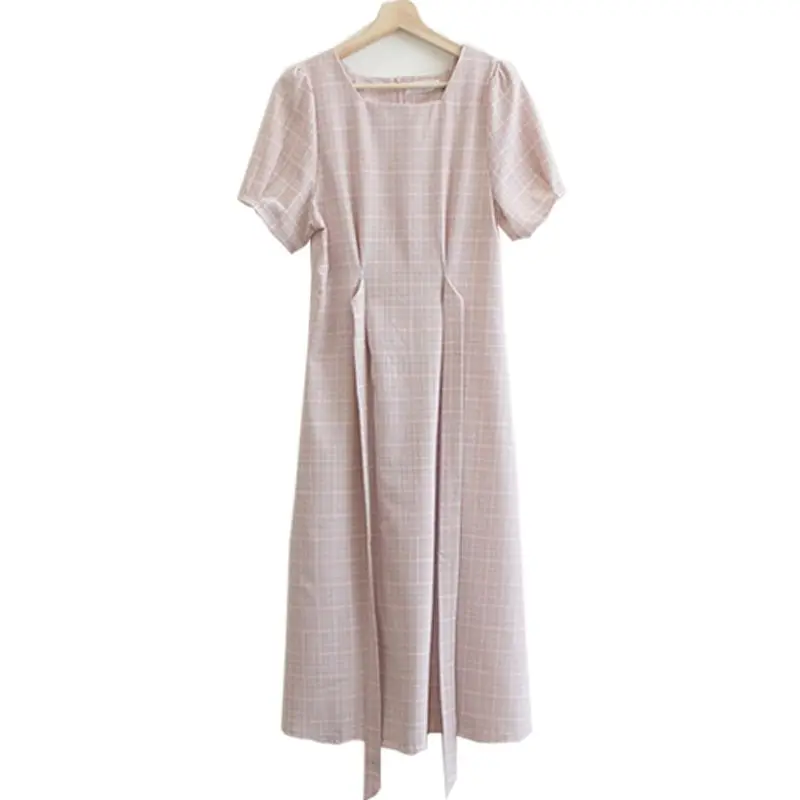 

2021 Summer French Short Sleeve Elegant Plaid Midi Dress Women Bandage Square Collar Korean Ssyle Fashion Chic