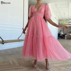 Розовые короткие платья для выпускного вечера 2021, тюлевые платья в горошек с пышными рукавами для свадебной вечеринки, топ на пуговицах с V-образным вырезом, трапециевидные платья для выпускного вечера