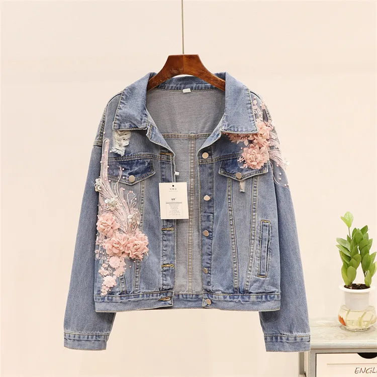 

Women Jeans Embroidery Stereos Flower Beading Long Sleeve Loose Short Jean Coat Spring Autumn Casual Denim Jacket Female