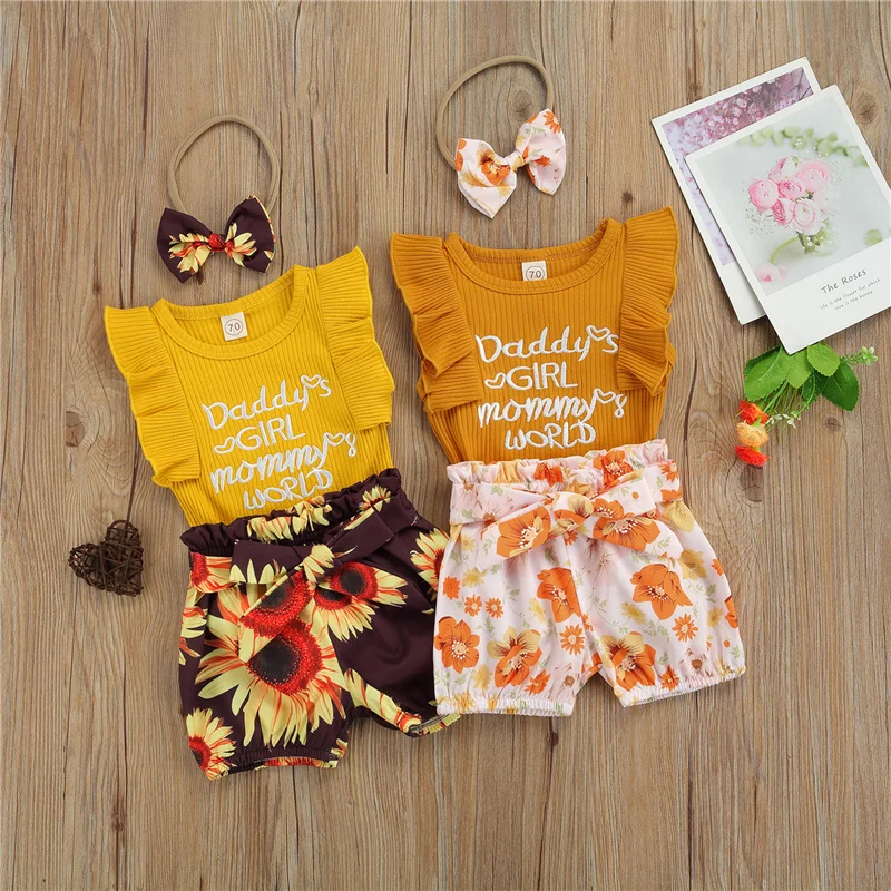 

3pcs 0-24Months Newborn Baby Girls Clothes Sets,Infant Girls Letter Print O-Neck Romper+Tie Up Floral Shorts+Bowknot Headband