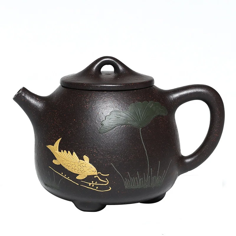 

Hundred Believe Dark-red Enameled Pottery Teapot Yixing Raw Ore Famous Full Manual Yixing Teapot Clay Painting High Stone Drum
