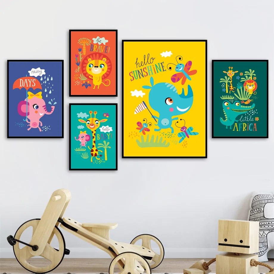 

Zebra Elephant Giraffe Colorful Cartoon Animal Wall Art Canvas Painting Nordic Posters And Prints Wall Pictures Kids Room Decor