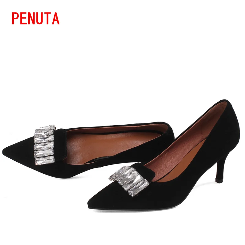 

2021 Suede Leather Stiletto Heels Pumps Pointed Toe Black Diamond Heels Women New Arrival Sexy Rhinestone Party Shoes 6.5cm P10P