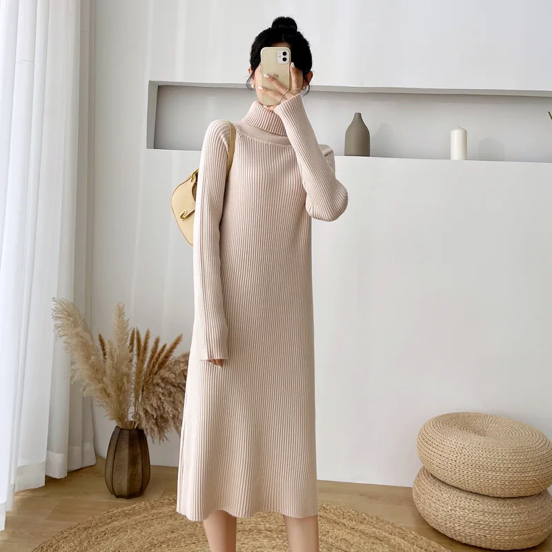 

DISEYAR Casual Autumn Winter Women Dress Long Sleeve Slim Fashion Dresses Solid Color High Collar Skirt Elegant
