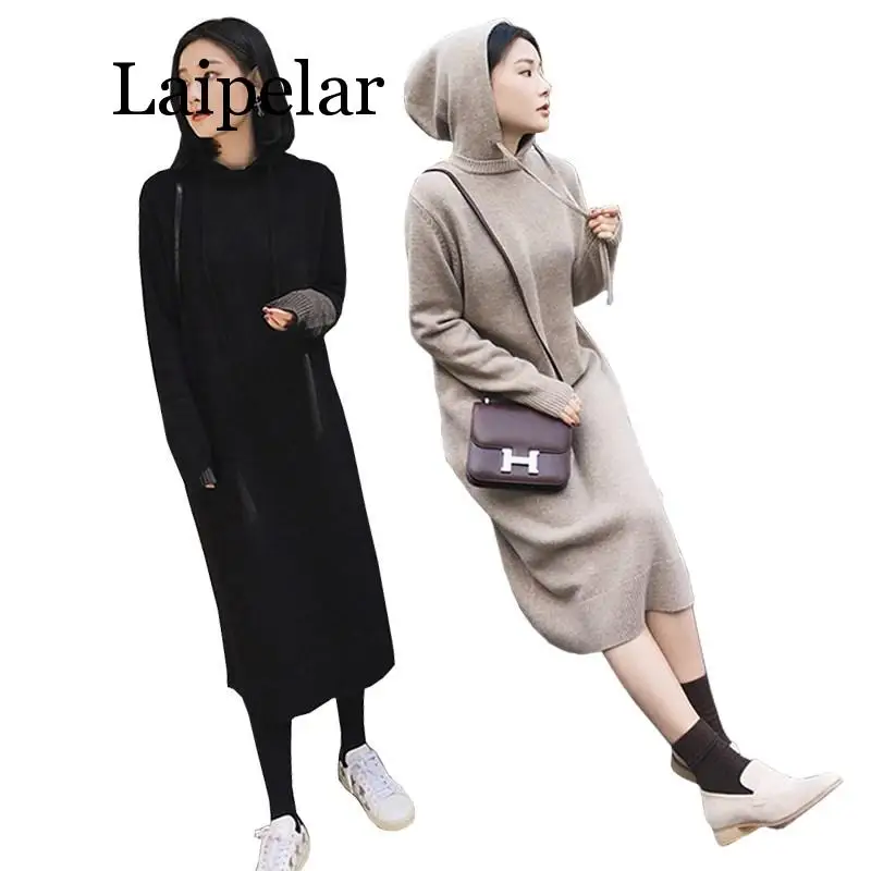 

Autumn Winter Sweatshirts Dress Hooded Long Sweater Dress Midi Length Casual Loose Basic Thick Knitted Dresses Robe Plus Size