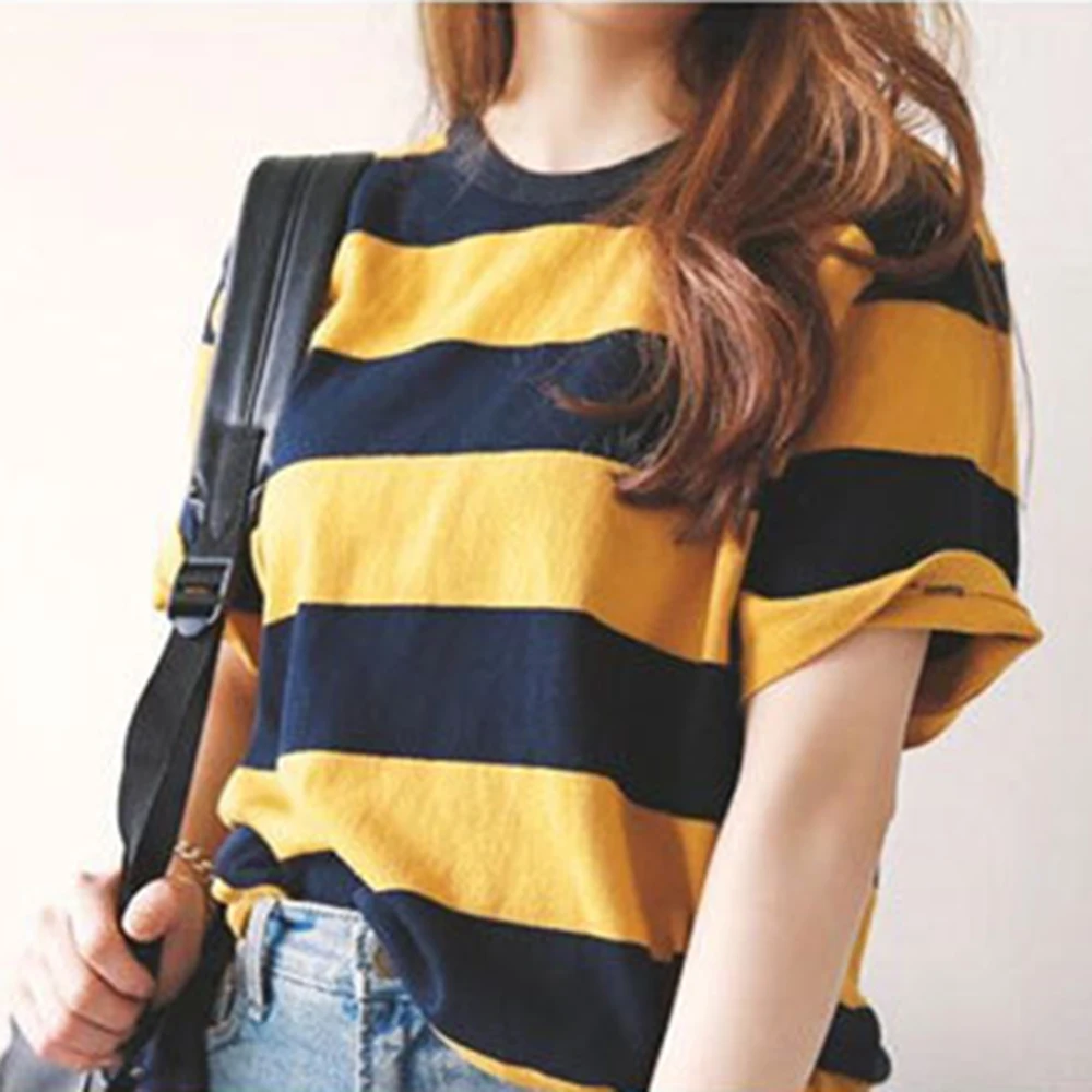 Новинка 2019 женская летняя черно-желтая полосатая Милая футболка с коротким