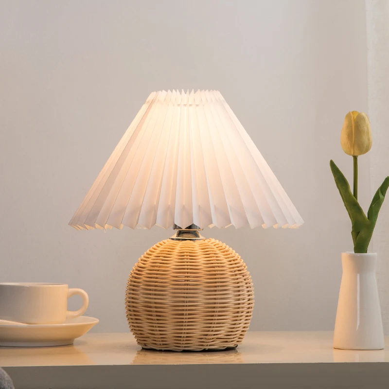 

Vintage Pleated Table Lamp Rattan Led Table Lamps for Bedroom Living Room Standing Lamp Study Bedside Lamp Table Light Fixtures