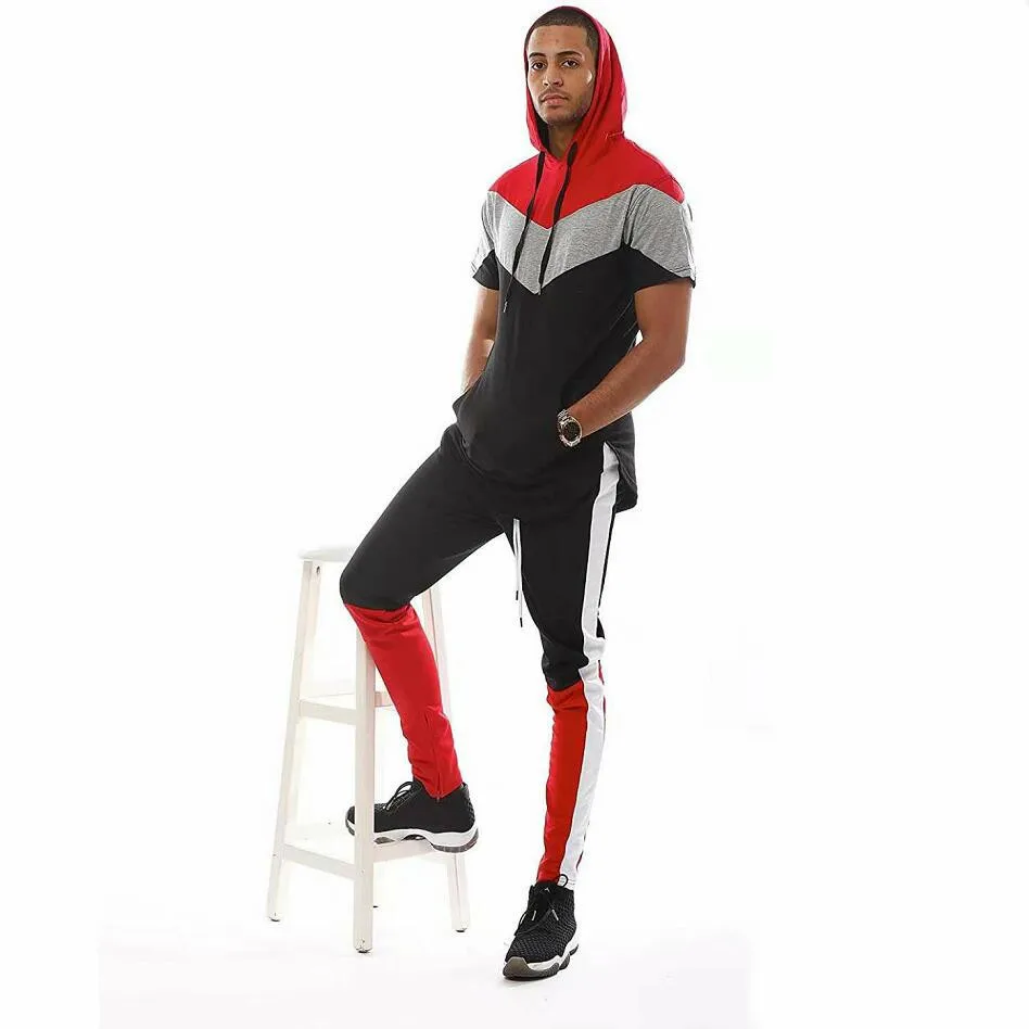 

New Men's Hipster Hip Hop Short Sleeve Hoodie 3-color stitching T shirt Men short sleeve Hoodies design long hoodies Size M-3XL