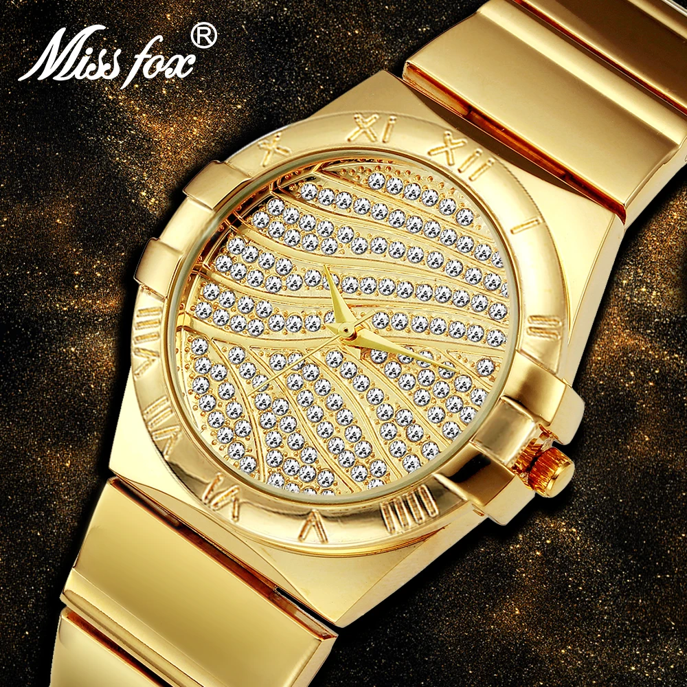 

Miss Fox Roman Numerals Gold Watches Women Famous Brand Diamond Watch Face For Women Clock Steel Weave Rhinestone Quartz Watch