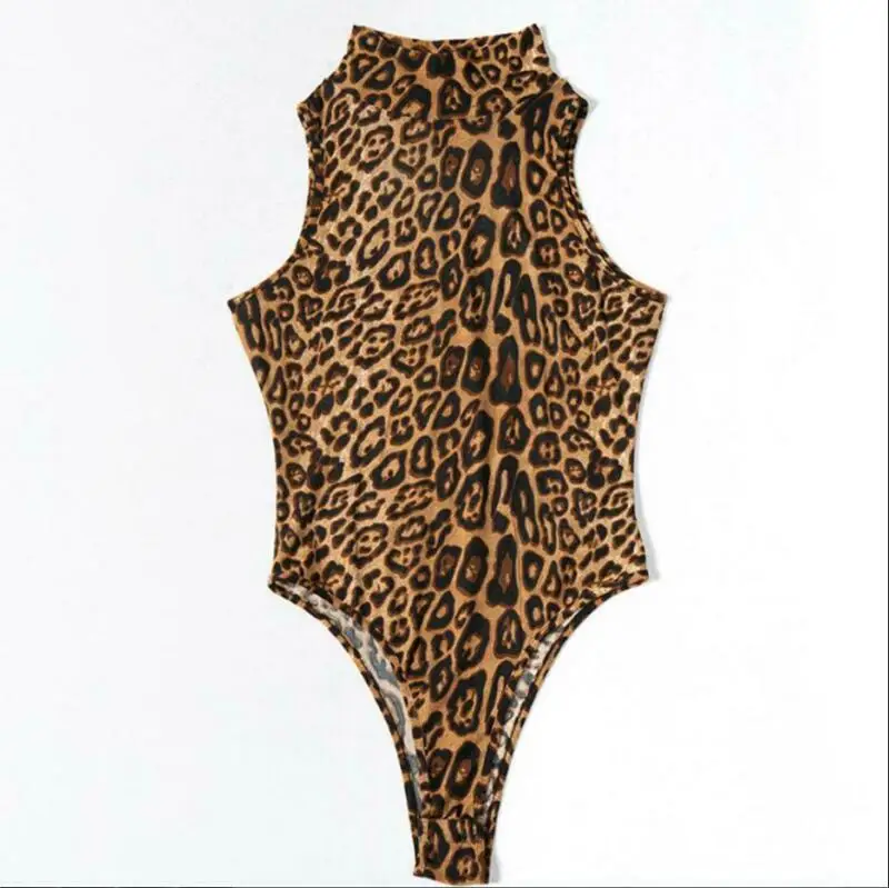 

Plus Size S-2XL Women Sexy Sleeveless Turtleneck Leopard Print Slim Fit Skinny Bodysuits Stretch Fashion Leotard Rompers